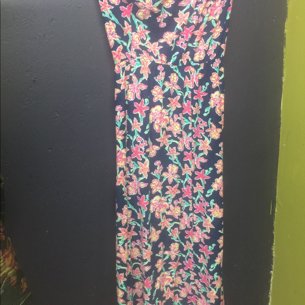 Lilly Pulitzer Navy Strapless Floral Maxi Dress with Pink and Green Flowers - Picture 4 of 6